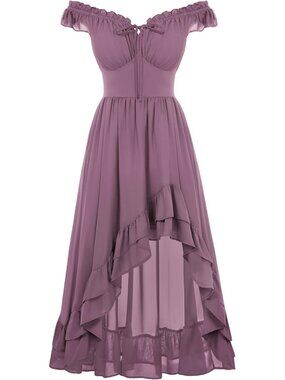 Women's Renaissance Corset Dress Off Shoulder High-Low Chiffon Midi Dress-Purple